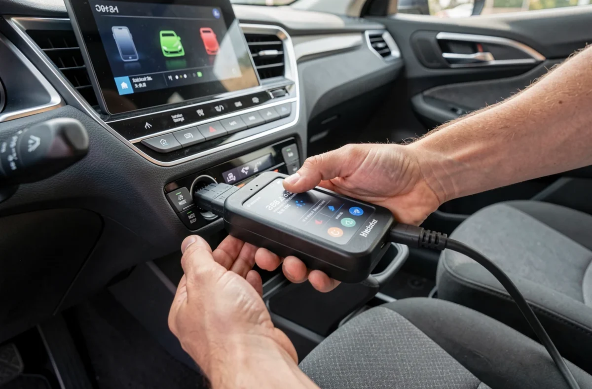 Gros plan sur la connexion d'un outil de diagnostic OBD2 dans un véhicule hybride lors du contrôle technique