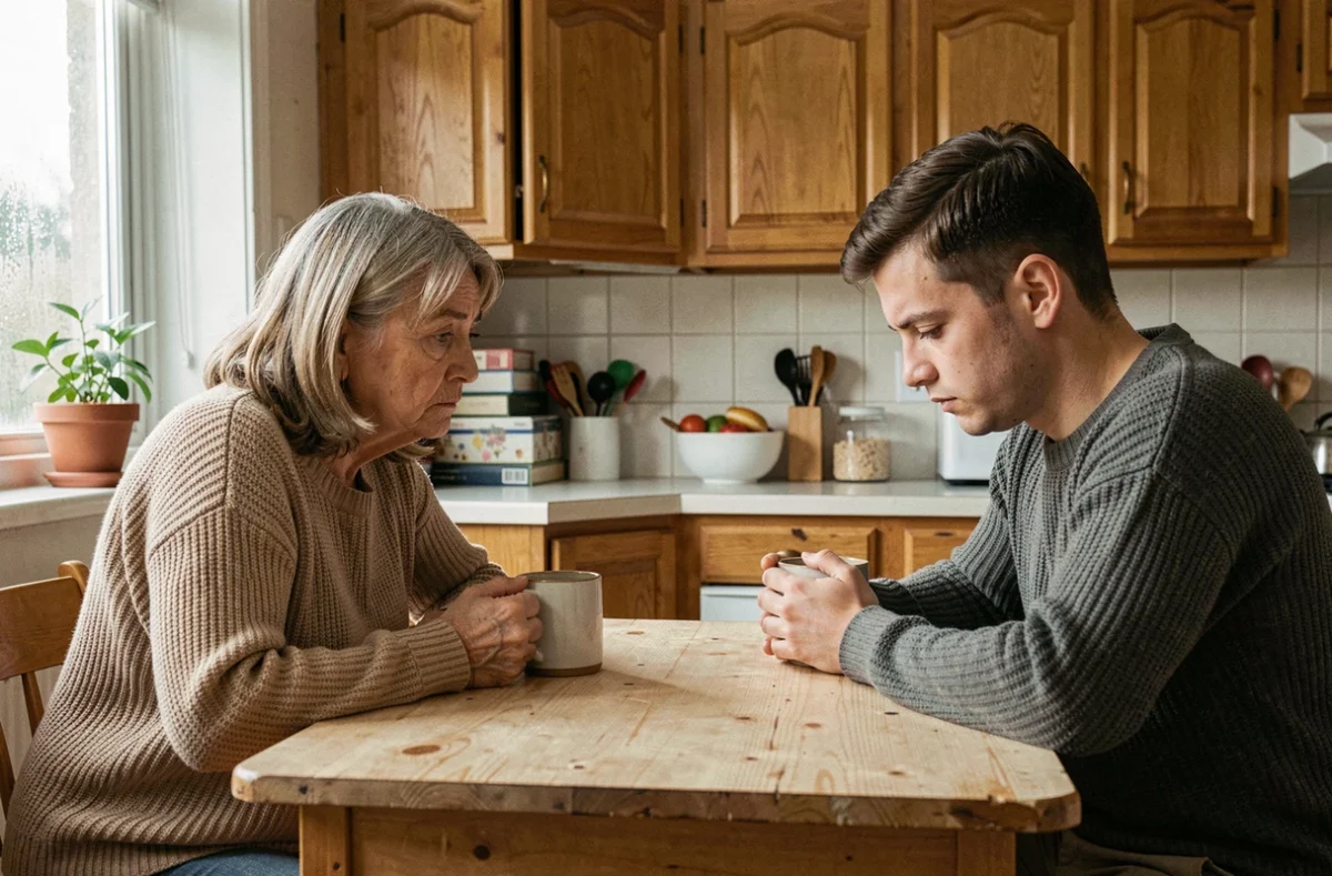 Deux personnes épuisées autour d'une table de cuisine, symbolisant le poids émotionnel partagé et les limites de la résilience familiale