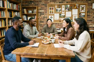Groupe multiculturel réuni autour d'une table dans un centre communautaire représentant les différentes diasporas en France