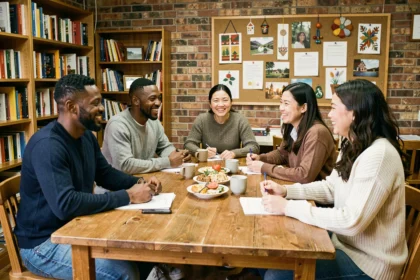 Groupe multiculturel réuni autour d'une table dans un centre communautaire représentant les différentes diasporas en France