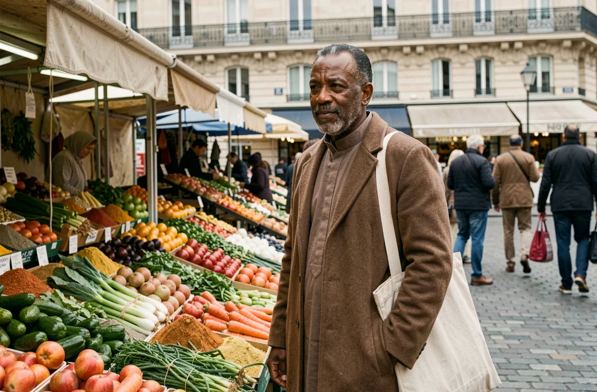 Homme d'origine nord-africaine au marché parisien illustrant la plus grande diaspora installée en France