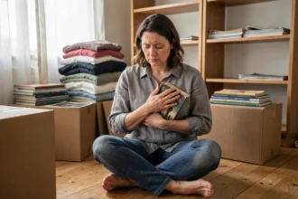 Femme hésitant à se séparer d'un livre lors d'un déménagement, entourée de cartons et d'affaires personnelles