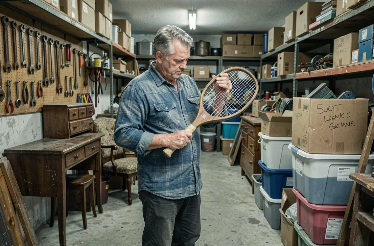 Homme âgé contemplant une vieille raquette de tennis dans un garage encombré rempli d'objets accumulés