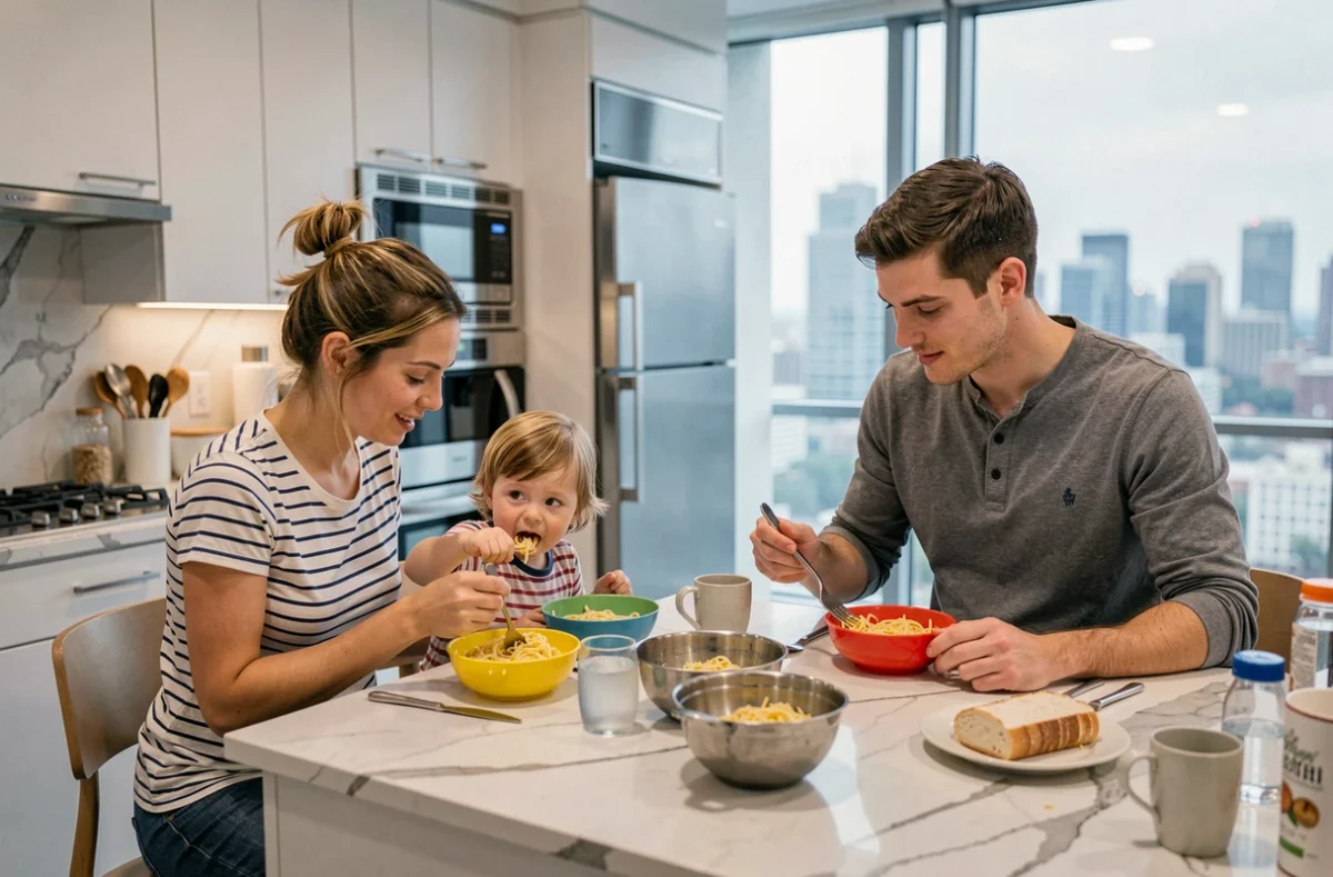 Jeune couple et leurs deux enfants en bas âge partagent un dîner de semaine autour d'un îlot de cuisine moderne dans un appartement contemporain