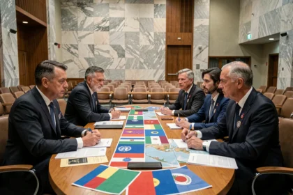 Diplomates réunis autour d'une table de conférence internationale pour négocier des enjeux géopolitiques
