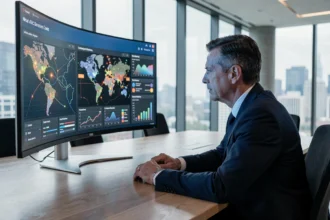 Dirigeant d'entreprise analysant des tableaux de bord de cybersécurité sur un écran incurvé en salle de réunion