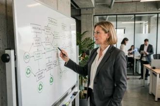 Cadre dirigeante présentant une stratégie de transition écologique devant un tableau de planification dans un bureau moderne