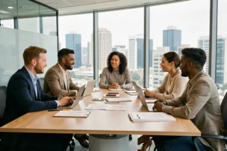 Équipe multiculturelle et mixte en réunion collaborative dans un bureau moderne, illustrant la diversité en entreprise