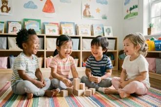 Groupe de tout-petits de diverses origines ethniques jouant ensemble avec des blocs en bois dans une salle de crèche colorée