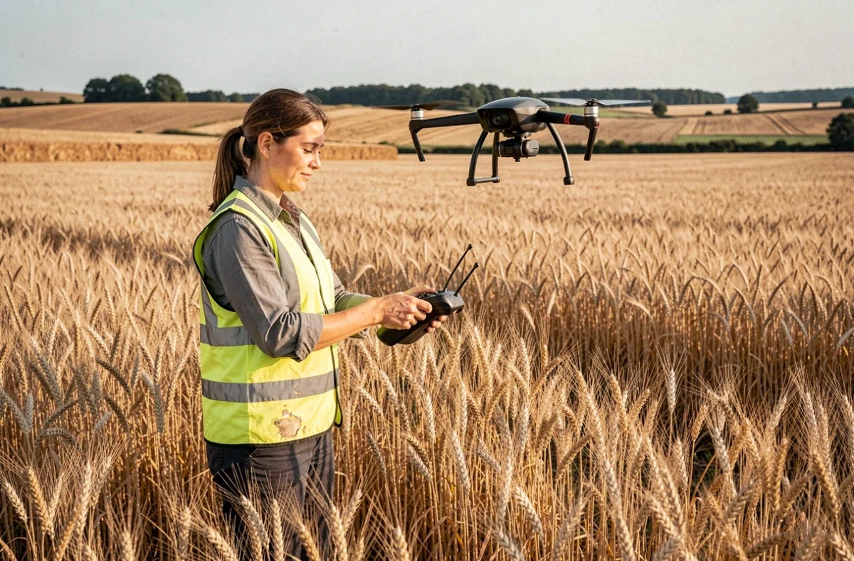 Ingénieure agricole pilotant un drone de surveillance au-dessus d'un champ de blé doré, technologie drone en agriculture de précision