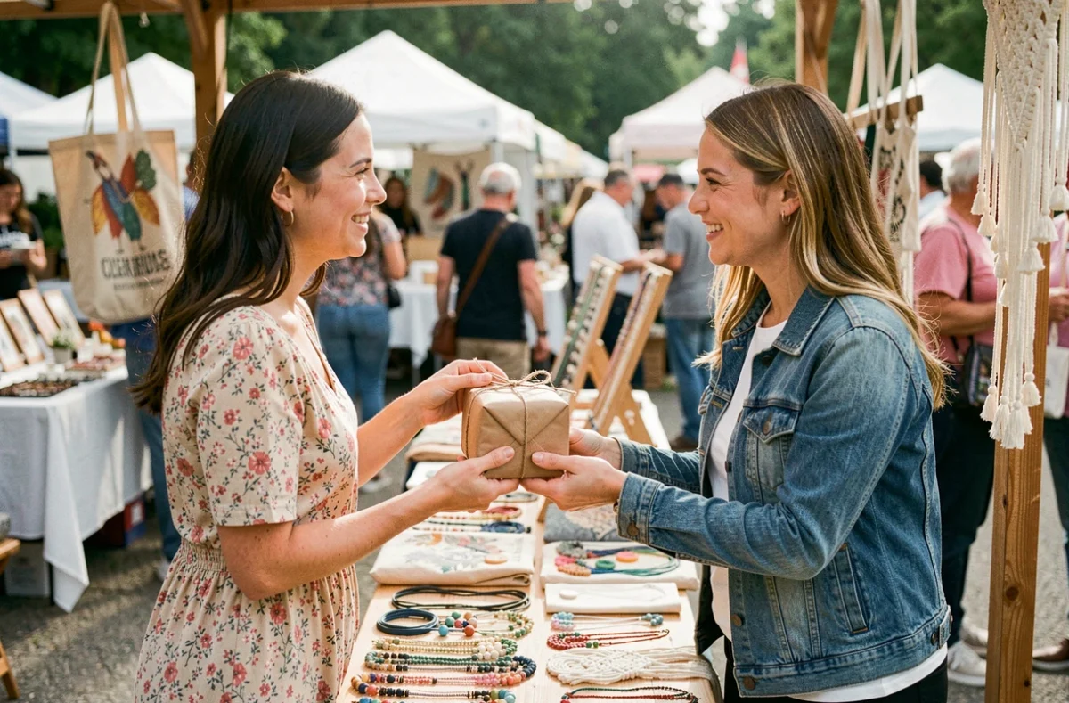 Échange de produit artisanal entre vendeuse et cliente dans un marché local, symbolisant l'économie de partage et la communauté Etsy