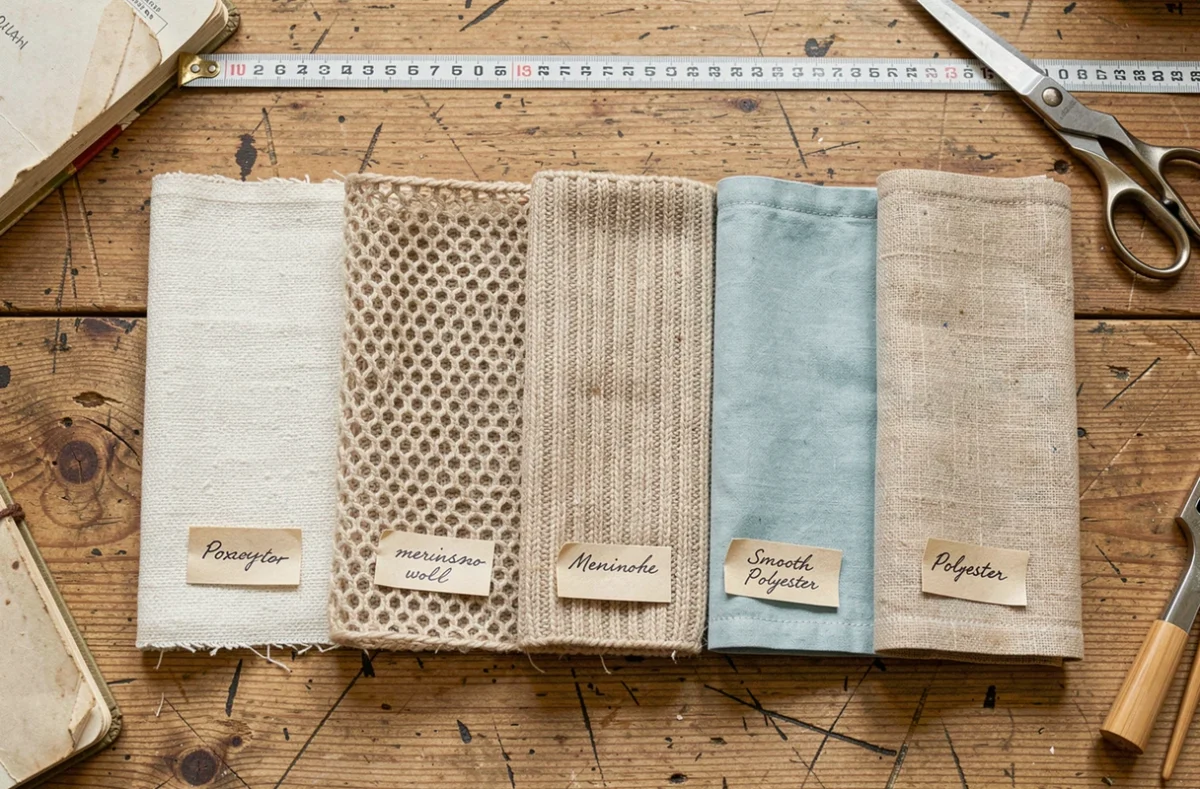 Échantillons de tissus comparés à plat — coton, lin, laine mérinos, polyester et bambou pour un guide des meilleurs matériaux de vêtements