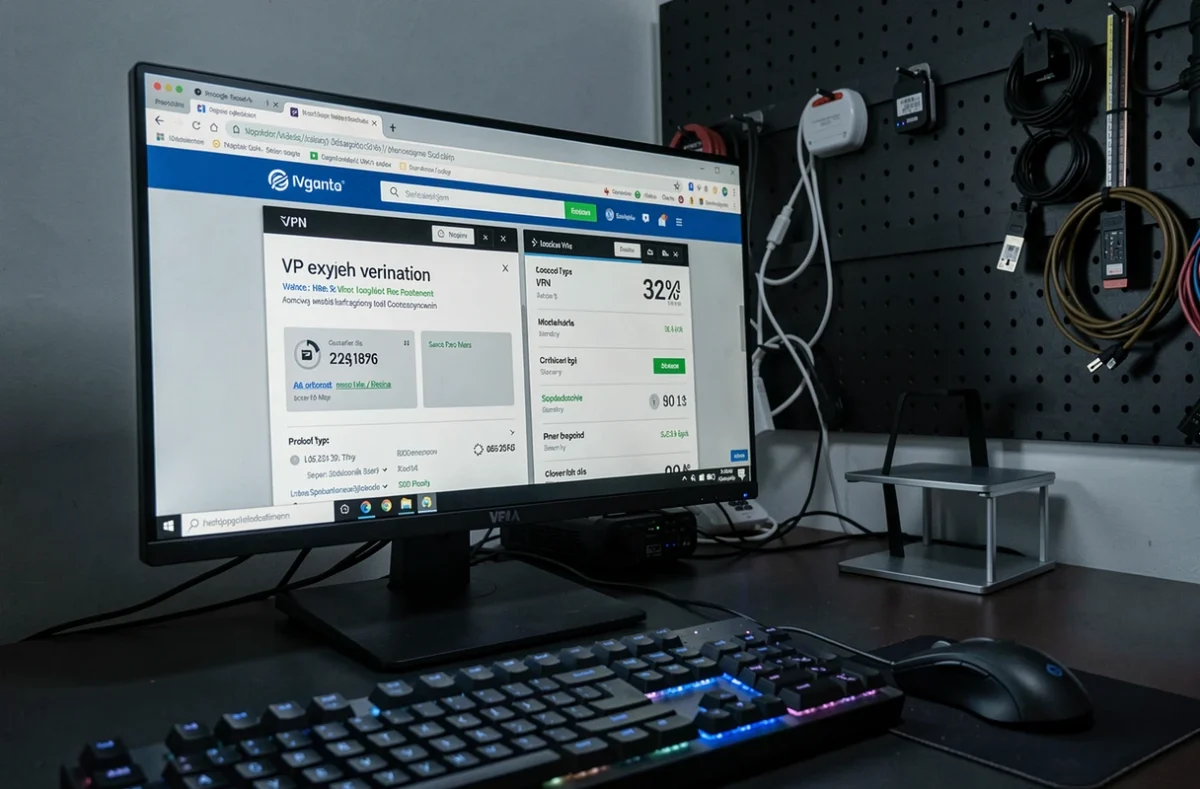 Écran d'ordinateur affichant un outil de vérification d'adresse IP et un tableau de bord VPN