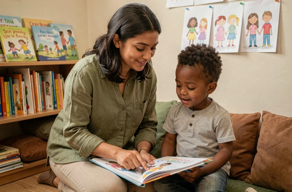 Éducatrice de petite enfance d'origine sud-asiatique lisant un livre illustré avec un jeune enfant dans un coin lecture multiculturel