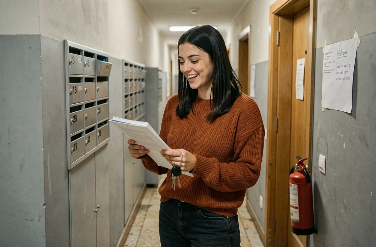 Jeune femme tenant ses clés et ses documents devant la porte de son nouveau logement en colocation