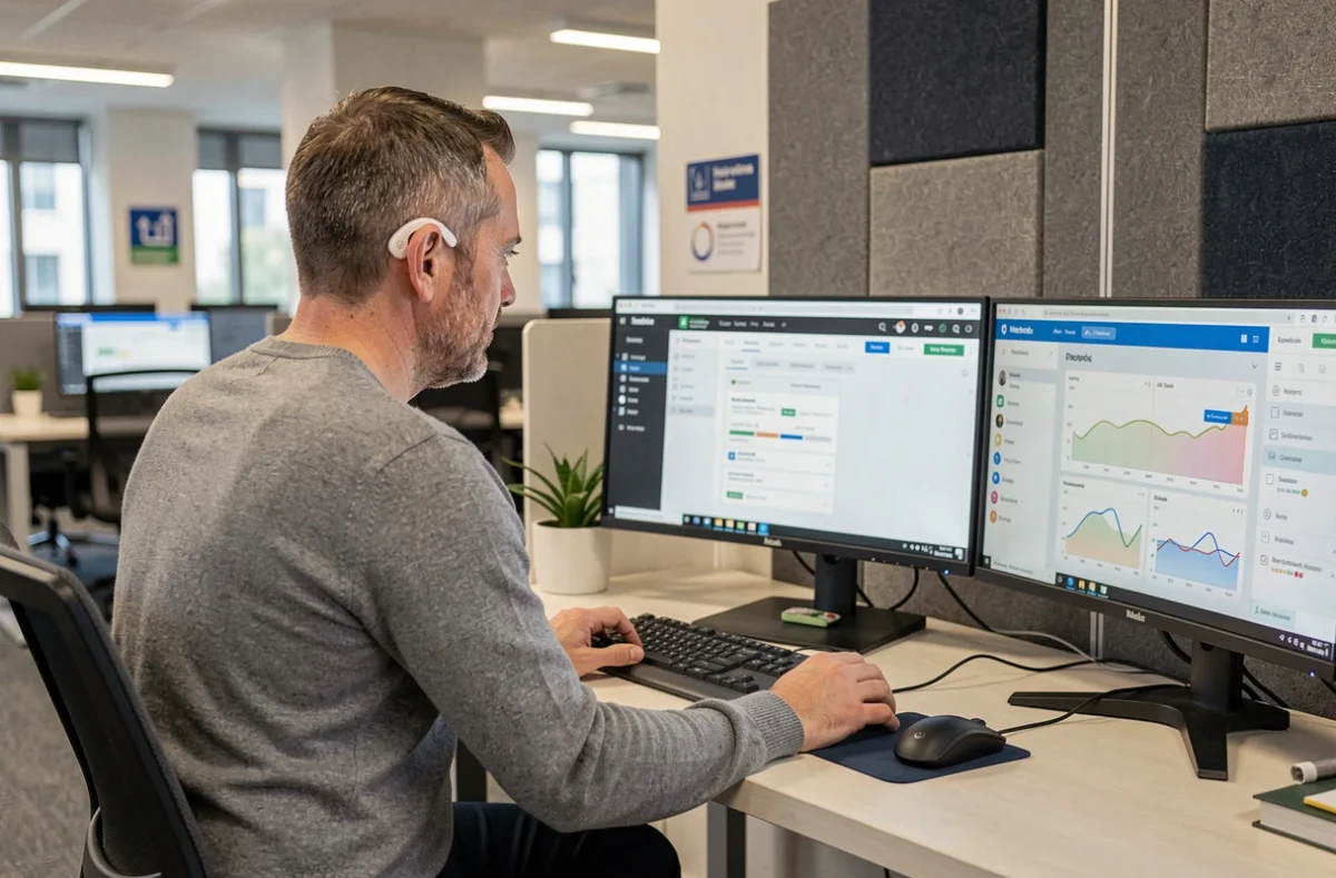 Un employé malentendant équipé d'un implant cochléaire travaille sur son poste informatique adapté dans un bureau d'entreprise, symbolisant l'intégration professionnelle des personnes en situation de handicap auditif