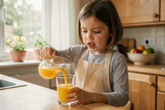 Petite fille de 7 ans versant du jus d'orange seule dans la cuisine, illustrant l'autonomie des enfants dans les tâches quotidiennes