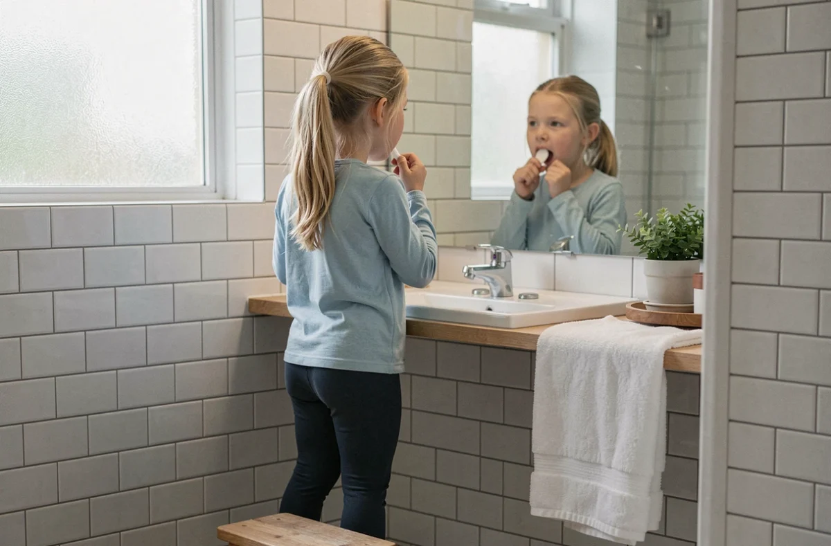 Fillette de 8 ans se brossant les dents seule devant le miroir de la salle de bain, représentant l'autonomie des enfants dans les habitudes d'hygiène quotidienne