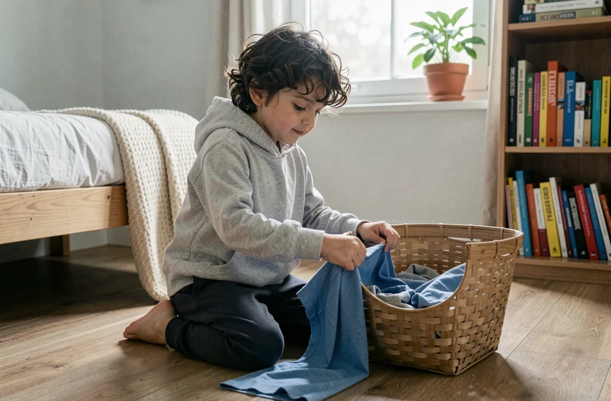 Garçon de 9 ans pliant son linge seul dans sa chambre, symbolisant l'autonomie et la responsabilisation des enfants dans les tâches ménagères