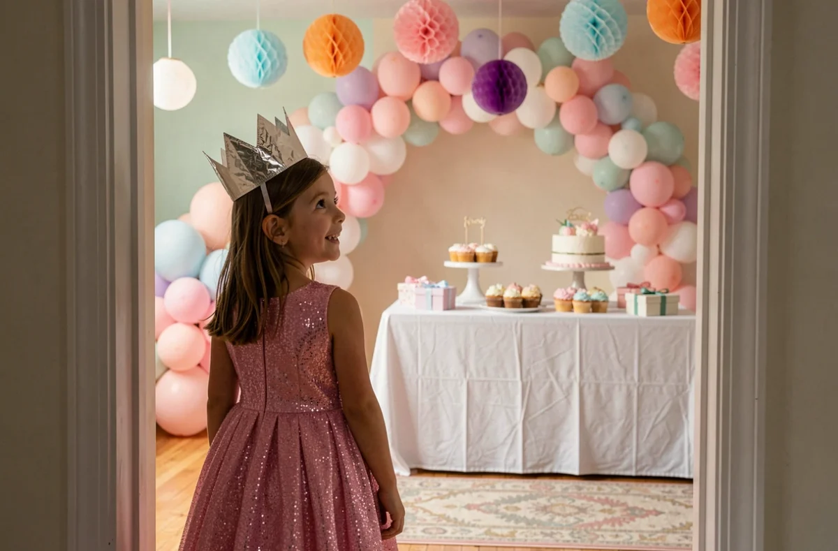 Petite fille en robe de fête découvrant avec émerveillement une salle décorée avec arche de ballons et table de desserts pour son anniversaire