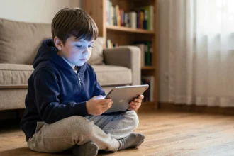 Jeune garçon assis sur un parquet en bois fixant une tablette numérique dans un salon familial, illustrant les risques de la surexposition aux écrans chez les enfants