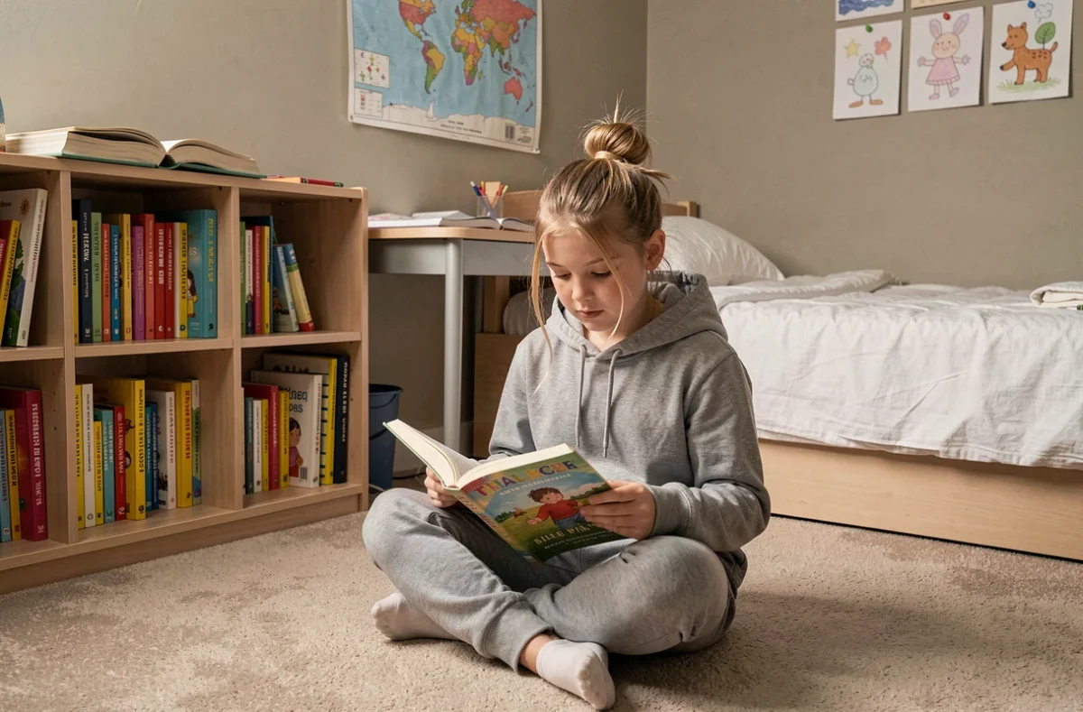 Une fillette de 10 ans lit un livre dans sa chambre entourée de livres et de dessins, symbolisant l'importance de la stimulation intellectuelle dans le développement de l'enfant