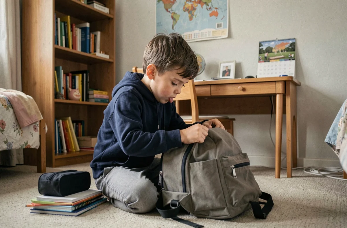 Enfant qui prépare son sac à dos scolaire dans sa chambre avant la rentrée