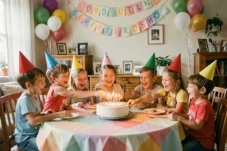 Groupe d'enfants réunis autour d'un gâteau d'anniversaire fait maison dans un salon décoré avec guirlandes et ballons colorés