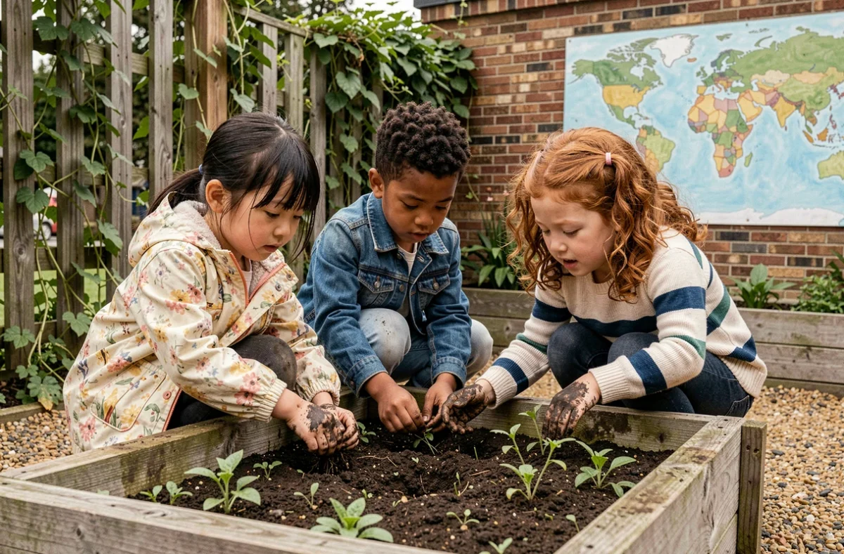 Trois enfants de différentes origines explorant ensemble un jardin pédagogique extérieur dans une crèche inclusive