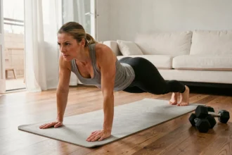Femme faisant des pompes sur un tapis de yoga dans un salon moderne aménagé pour l'entraînement à domicile