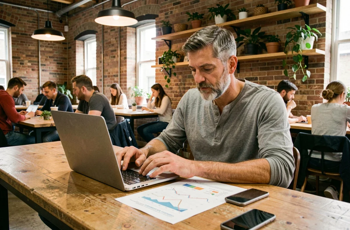Entrepreneur utilisant laptop et smartphone dans un espace de coworking dynamique pour analyser des données économiques