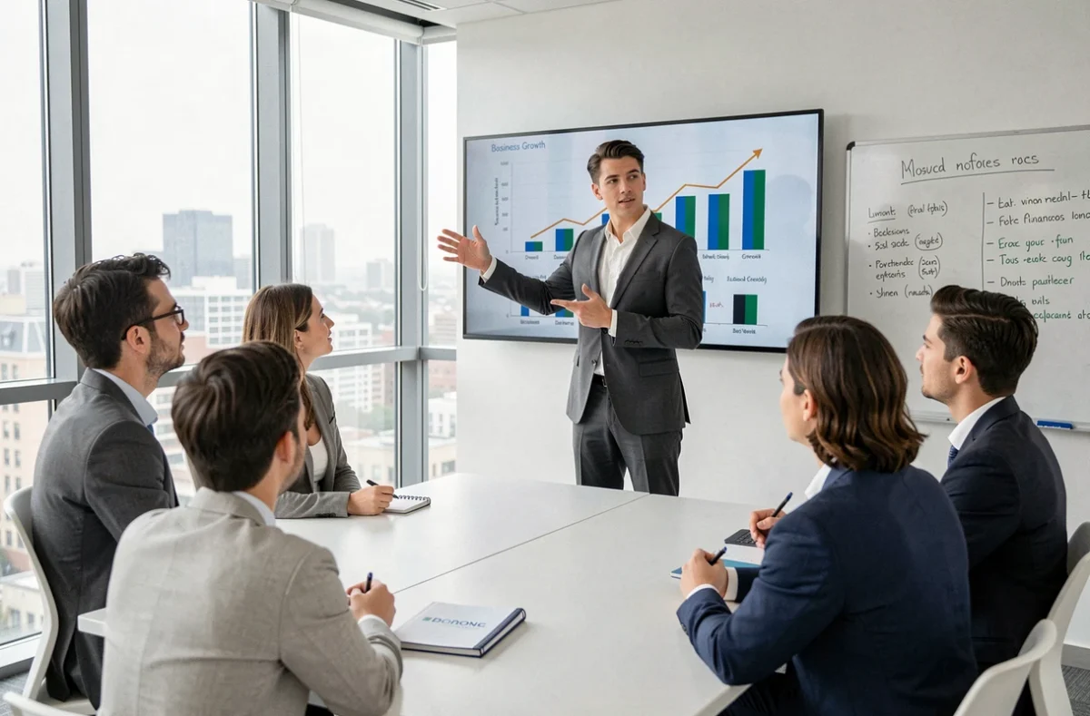 Jeune entrepreneur présentant une stratégie de croissance à son équipe dans une salle de réunion moderne, illustrant le dynamisme des réseaux d'affaires locaux