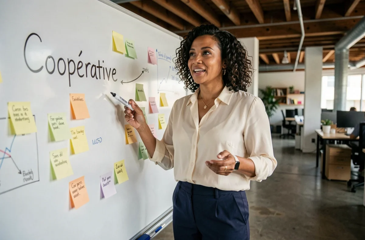 Entrepreneure urbaine présentant un projet de coopérative devant un tableau blanc dans un espace de travail moderne
