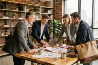 Groupe d'entrepreneurs urbains en réunion collaborative autour d'une table dans un espace de coworking moderne, illustrant le travail en coopérative