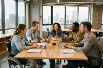 Équipe professionnelle diverse et inclusive en réunion dans un bureau moderne, incluant une personne en fauteuil roulant et des collègues de différentes origines