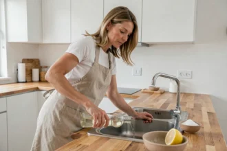 Femme versant du vinaigre blanc dans l'évier de cuisine pour entretenir les canalisations naturellement