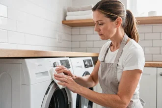 Femme entretenant le joint de hublot de son lave-linge pour prolonger sa durée de vie