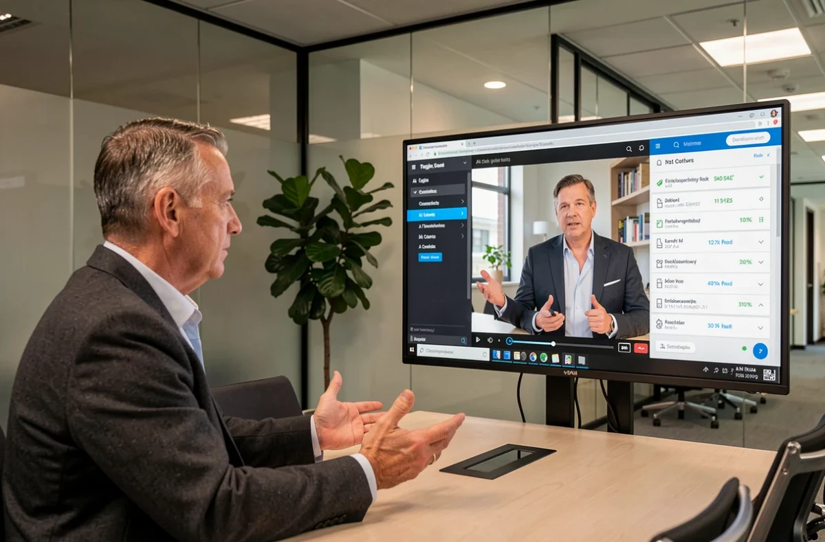 Professionnel RH menant un entretien vidéo assisté par intelligence artificielle en salle de réunion