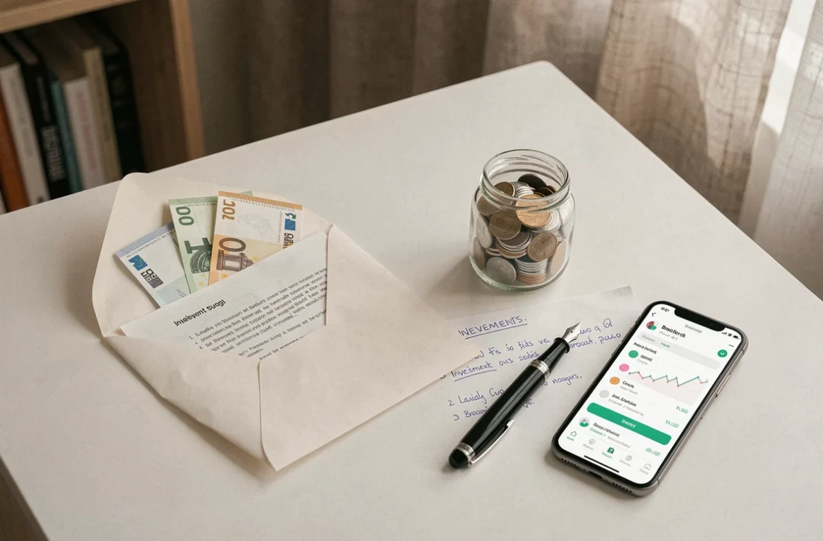 Vue en plongée d'une enveloppe avec des billets, des pièces et une liste d'options de placement pour un petit héritage