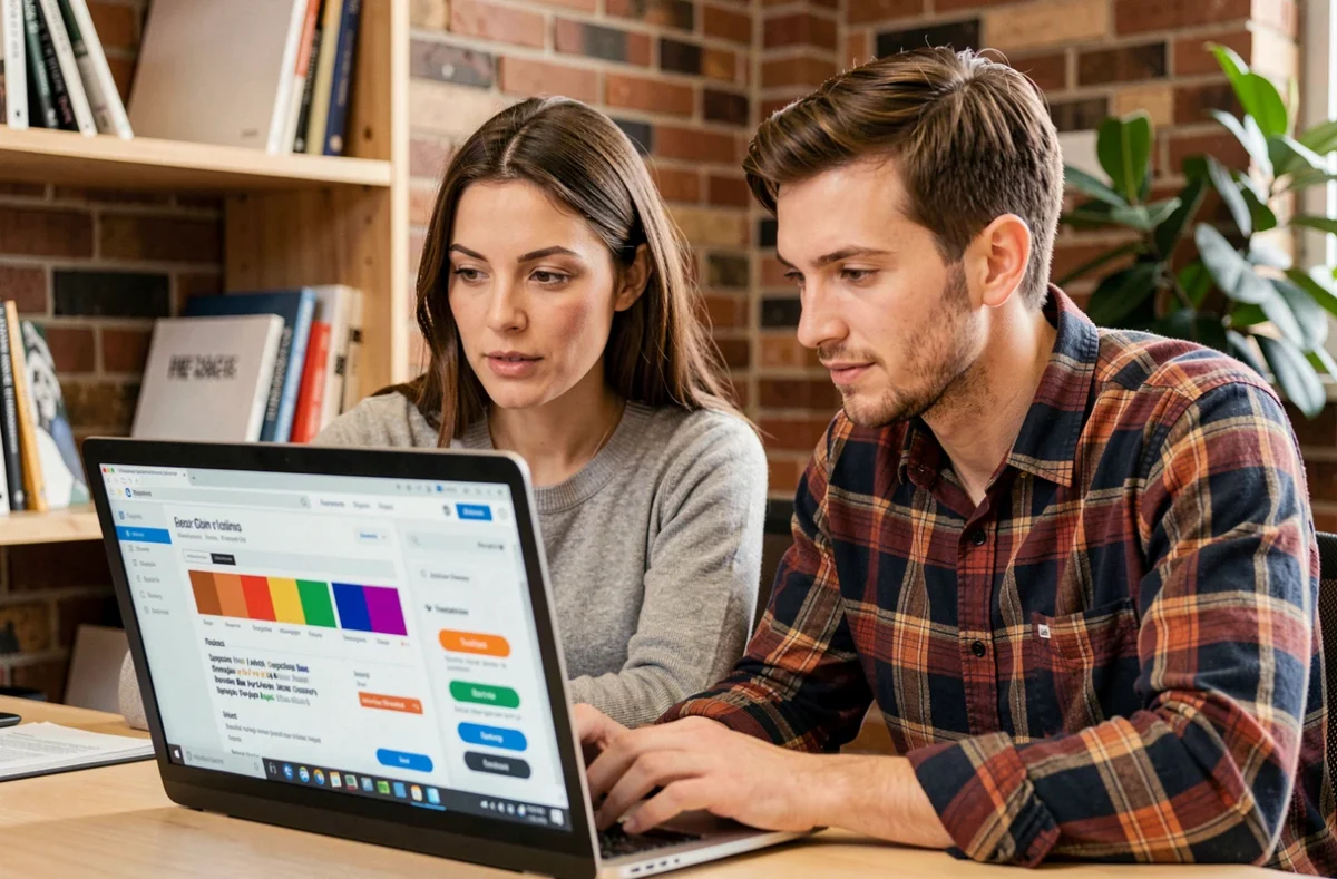 Deux collègues consultant un système de design UI sur un ordinateur portable dans un espace de coworking