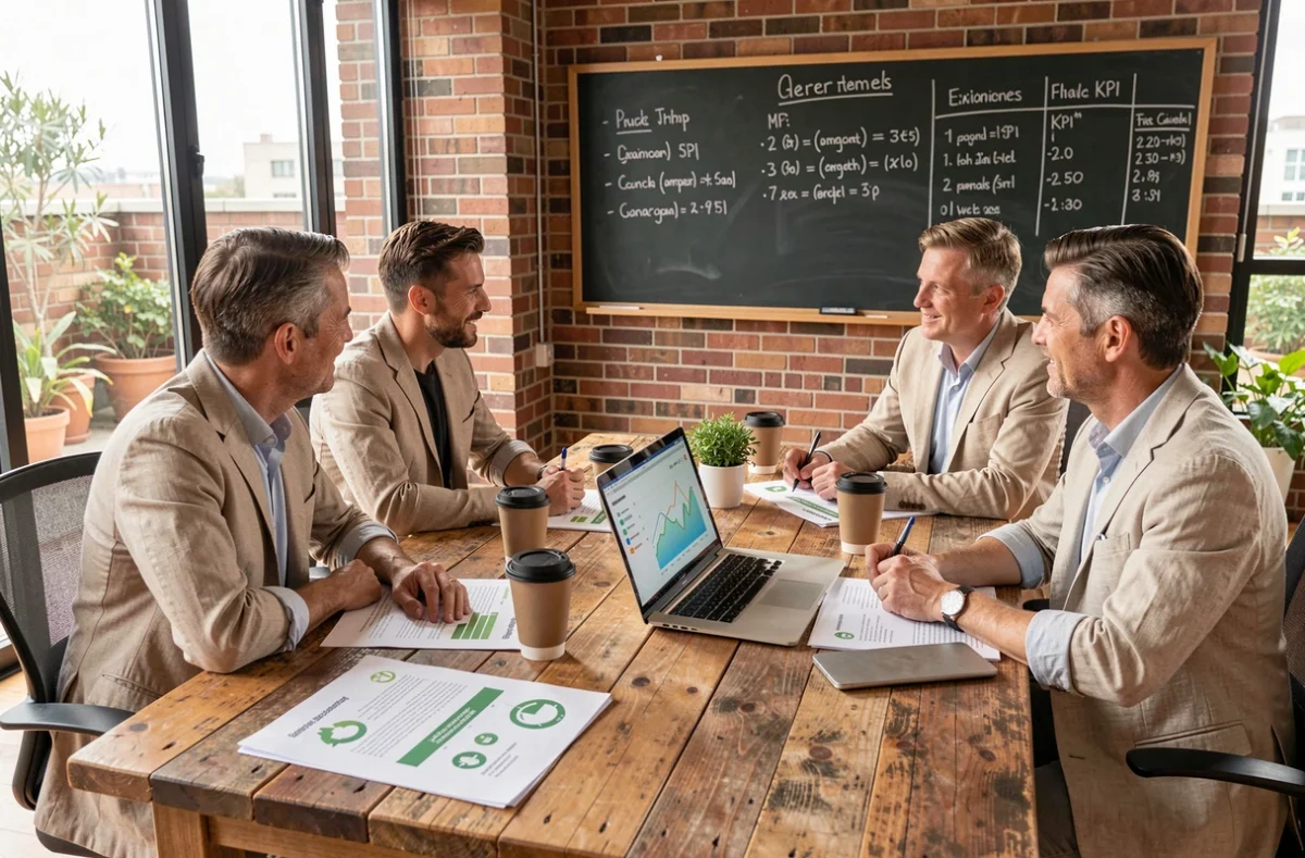 Équipe d'entreprise réunie autour d'une table pour analyser des rapports de performance environnementale et réduire l'empreinte carbone