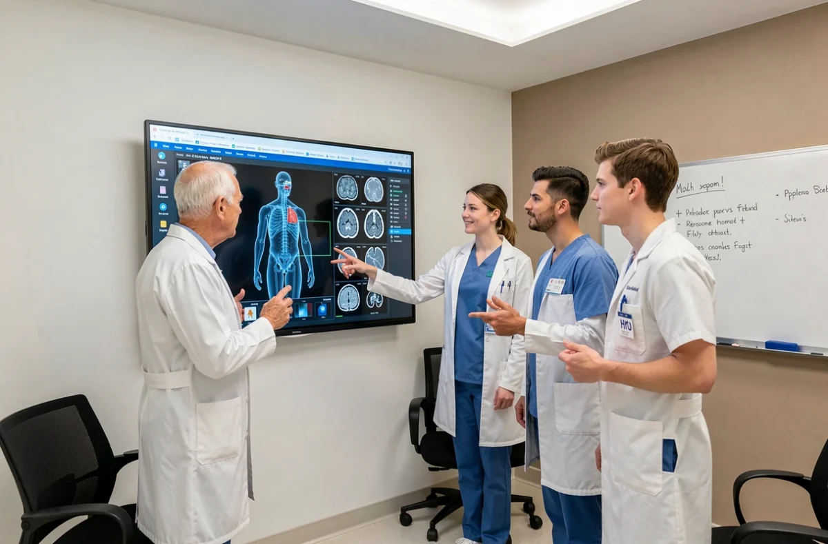 Équipe médicale pluridisciplinaire analysant un modèle anatomique 3D sur écran tactile, représentant la collaboration et l'innovation dans la pratique clinique moderne