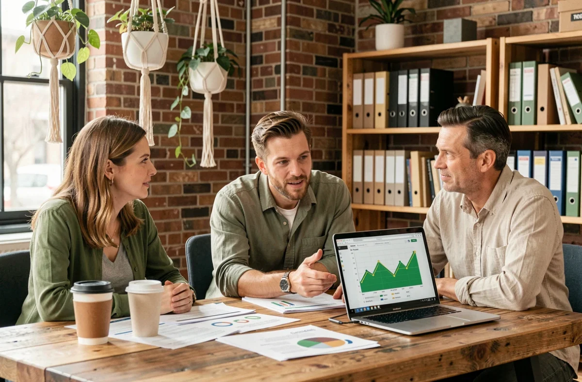 Équipe de professionnels en réunion discutant de stratégies de croissance interne liées à la transition écologique dans un espace de coworking