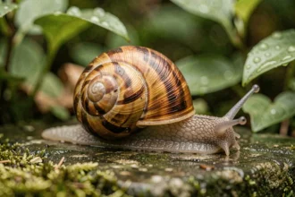 Escargot hermaphrodite sur une pierre moussue dans un jardin naturel, illustrant un animal sans sexe distinct