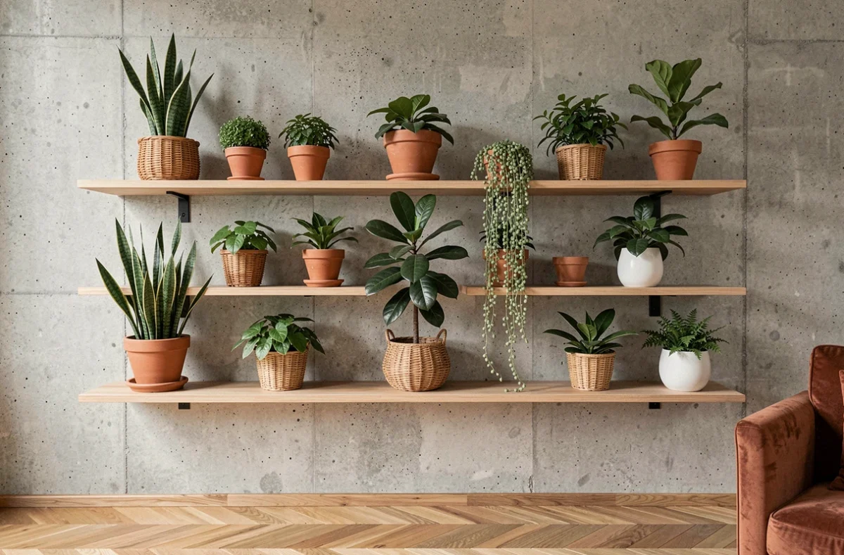 Étagère en bois avec une collection de plantes d'intérieur faciles d'entretien dont un sansevieria, un ficus et un collier de perles dans un salon moderne