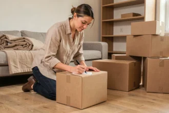 Femme étiquetant des cartons de déménagement soigneusement empilés dans un salon en cours de déménagement