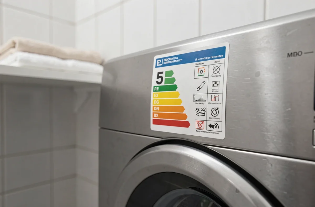 Gros plan sur une étiquette de classe énergétique 5 collée sur un lave-linge dans une buanderie résidentielle