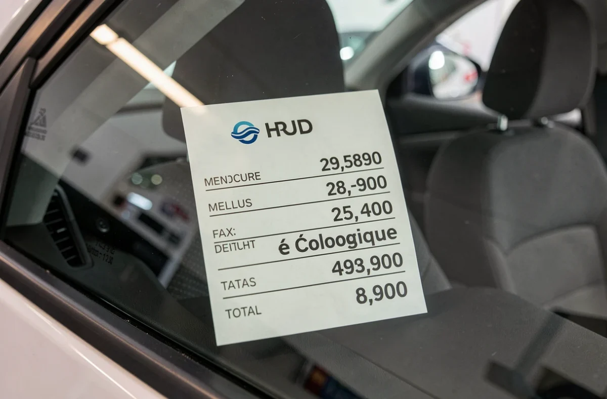 Étiquette de prix sur vitre de voiture neuve affichant le montant du malus écologique en concession