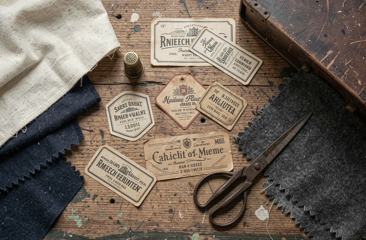 Étiquettes de vêtements vintage et échantillons de tissus anciens sur une table de tailleur, illustrant l'histoire des premières marques de mode