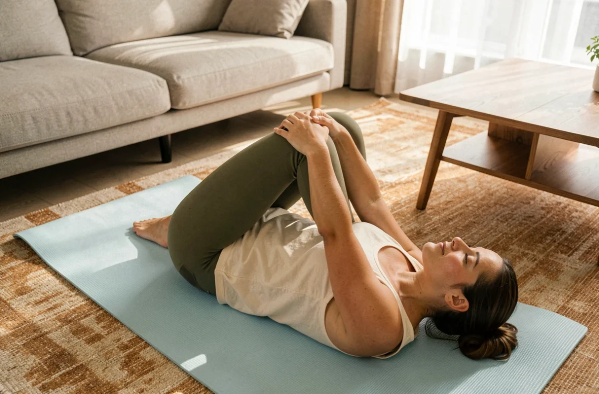 Jeune femme allongée sur un tapis de yoga bleu dans un salon moderne, réalisant un étirement doux genoux-poitrine pour soulager et prévenir les douleurs articulaires
